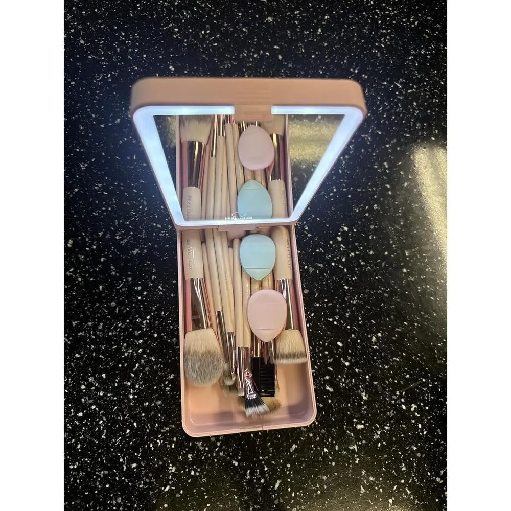 20 Pcs Pink Travel Makeup Brush Set With Led Light Mirror Holder & 2 Powder Puff